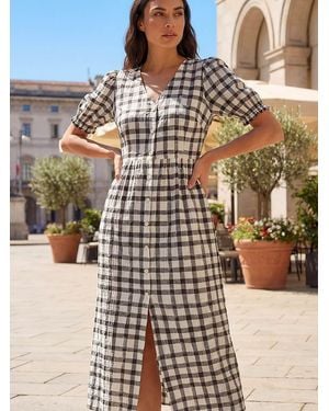 Roman Check Button Midi Dress - Metallic