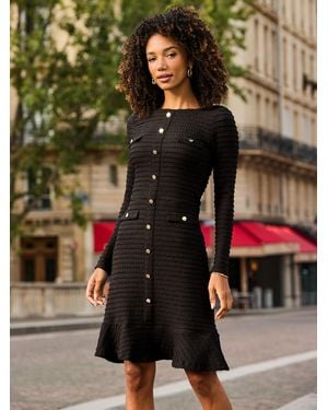 Sosandar Textured Button Front Fit & Flare Dress - Black