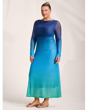 Jolie Moi Ombre Long Sleeve Slash Neck Mesh Maxi Dress - Blue