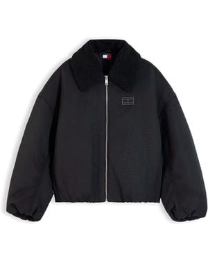 Tommy Hilfiger Faux Fur Collar Oversized Bomber Jacket - Black