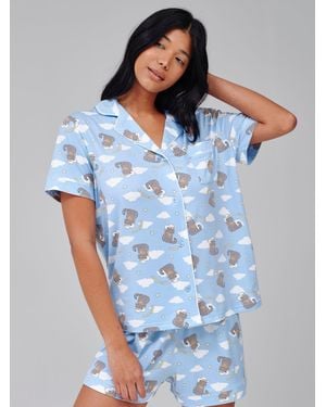 Loungeable Meowdy Western Cat Short Sleeve Shirt And Shorts Button Through Pajama Set - Blue