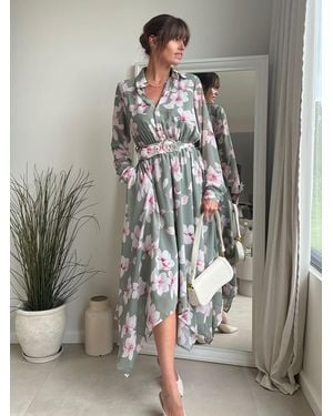 Style Cheat Floral Hanky Hem Midi Dress - Grey