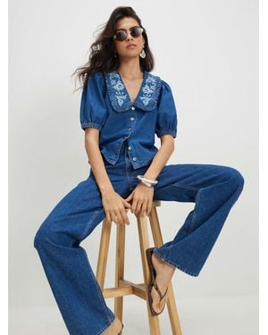 River Island Puff Sleeve Embroidered Collar Blouse - Blue