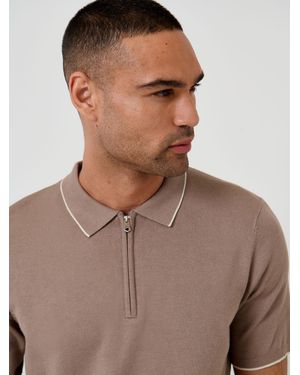 Threadbare Knitted Quarter Zip Polo Shirt With Contrast Tipping - Brown