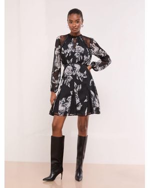 Lipsy Print Lace Insert And Studs Long Sleeve High Neck Waisted Mini Dress - Natural