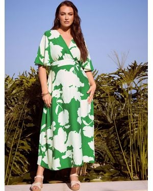 Yours Curve London Linen Look Kimono Maxi Wrap Dress - Green