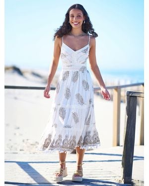 Yumi' Foil Print Midi Sun Dress With Lace Trims - White