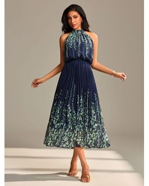 Jolie Moi Mirrored Chiffon Pleated Maxi Dress - Blue