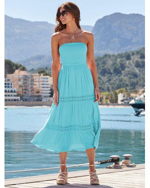 Sosandar Crochet Detail Tiered Bandeau Dress - Blue