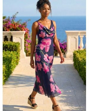 Roman Floral Print Cowl Neck Midi Dress - Blue