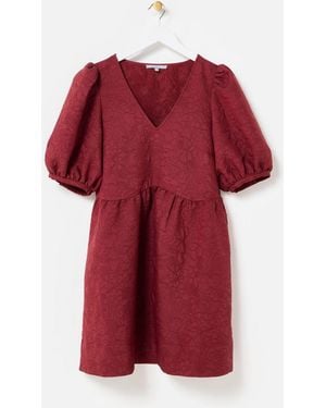 Oliver Bonas Floral Jacquard V-Neck Puff Sleeve Mini Dress - Red