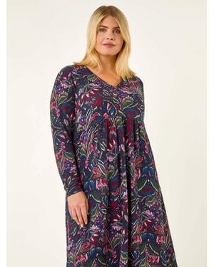 Roman Paisley Soft Stretch V-Neck Dress - Blue