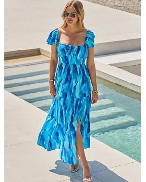 Sosandar Petite Print Flutter Sleeve Maxi Dress - Blue