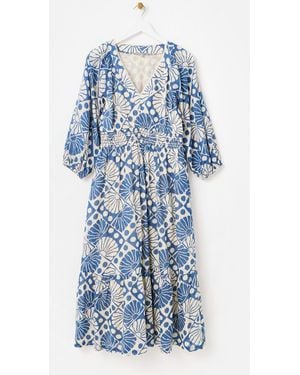 Oliver Bonas Cream Sun Print V-Neck Tiered Midi Dress - Blue