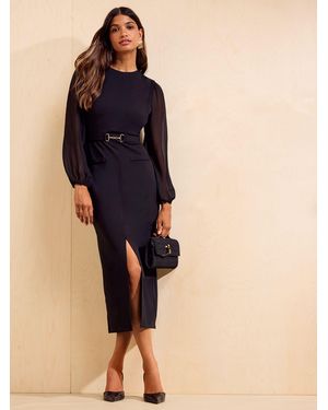 Friends Like These Chiffon Long Sleeve Pencil Midi Dress - Blue