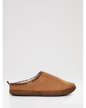 Threadbare Faux Suede Faux Fur Lined Mule Slippers - Brown