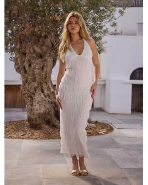 South Beach Ruched Halter Neck Bubble Texture Maxi Dress - Brown