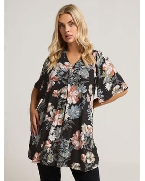 Yours Curve Floral Print Pleated Swing Top - Black