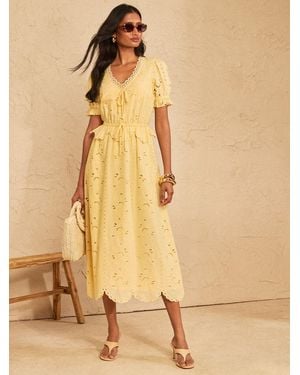 Love & Roses Broderie Frill Tie Midi Dress - Natural