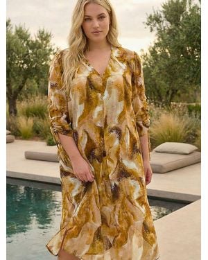 Roman Curve Swirl Print V-Neck Midi Dress - Metallic