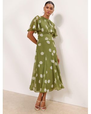Lipsy Spot Short Flutter Sleeve Midi Dress - Green