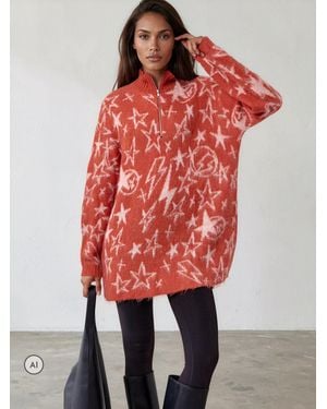 Religion Oversized Star Jacquard Burnt Knitted Starlight Dress With Zip Funnel Neck - Red