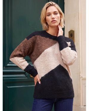 Roman Color Block Knit Sweater - Black