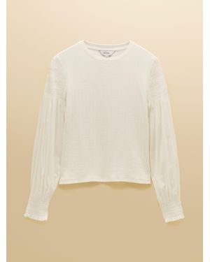 Joules Pointelle Jersey Top With Shirred Woven Sleeves - Natural