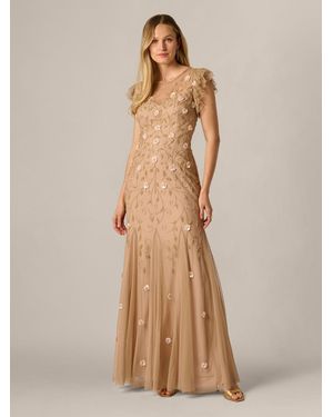 Adrianna Papell Bead Mesh Godet Long Dress - Natural