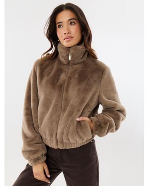 Threadbare Faux Fur Bomber Jacket - Brown