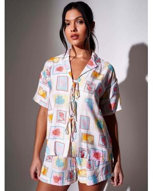 South Beach Postcard Printed Tie Front Boxy Beach Shirt - White