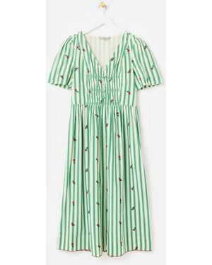 Oliver Bonas Cream Striped Floral Embroidered Midi Dress - Green