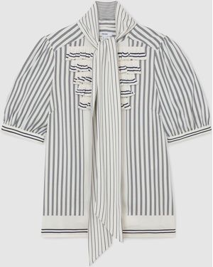 Reiss Ischia Striped Ruffle-Trim Tie-Neck Blouse - Grey