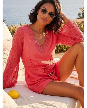 Roman Crochet Sleeve Playsuit - Red