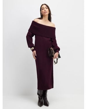 River Island Long Sleeve Bardot Knitted Midi Dress - Purple