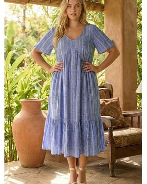 Roman Curve Stripe Print V-Neck Midi Dress - Blue