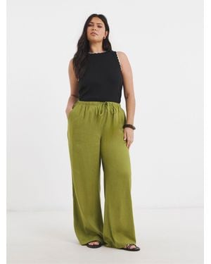 Simply Be Tie Waist Wide Leg Linen Mix Pants - Green