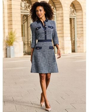 Sosandar Boucle Denim Trim Dress With Luxe Buttons - Blue