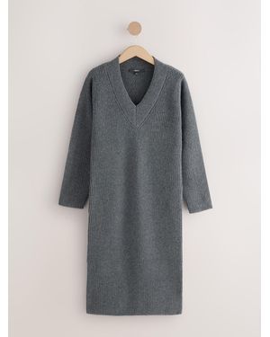 Next Super Soft V-Neck Midi Dress With Wool - Gray