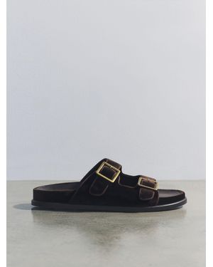 The Set Velvet Double Strap Slip On Footbed Sandals Chocolate - Brown