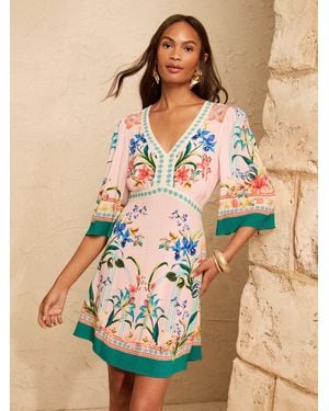 Love & Roses Placement Print V-Neck Kaftan Mini Dress - Natural