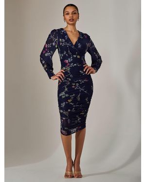 Jolie Moi Mesh Long Sleeve Ruched Bodycon Dress - Blue