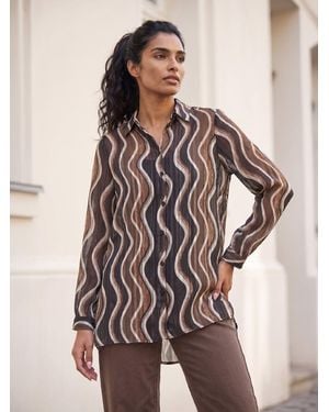 Roman Wave Print Satin Stripe Shirt - Brown