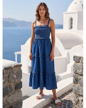 Roman Petite Shirred Tiered Dress - Blue
