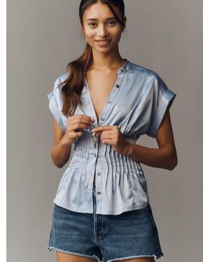 Anthropologie Light Pilcro Linden Short Sleeved Silky Pleated Waist Button-Up Blouse - Gray