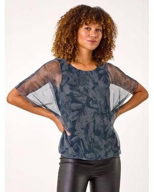 Roman Floral Plisse Bubble Hem Top - Blue