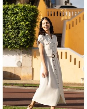 Yumi' Viscose Look Midi Shirt Dress With Wooden Belt - Natural