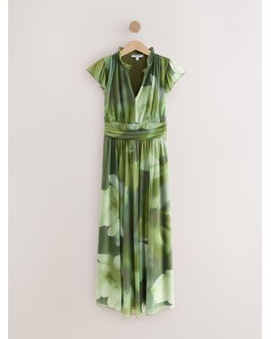 Next Pleated Mesh Print V-Neck Occasion Maxi Dress - Green