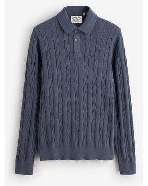 Superdry Cable Knit Long Sleeve Polo Shirt - Blau