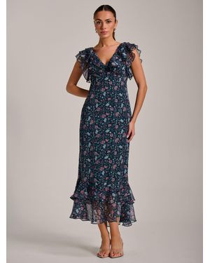 Jolie Moi Ruffle V-Neckline Chiffon Midaxi Dress - Blue